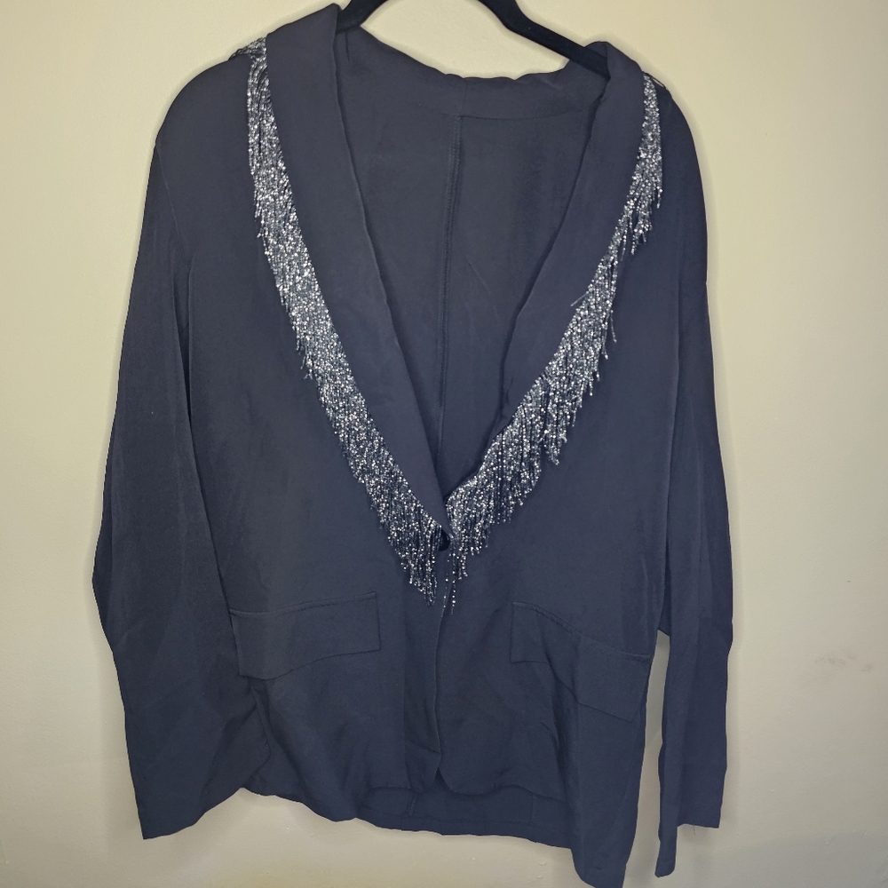 Ladies Oversized Large Black with Silver Fringe Boho Western Blazer